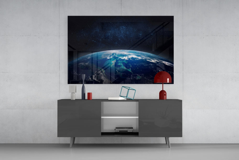 Atmospheric-curve Earth cinematic glass wall art in modern home office
