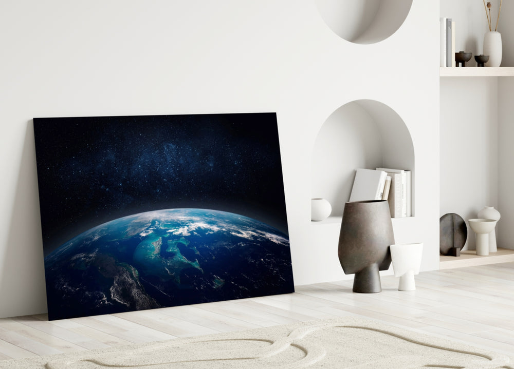 Caribbean turquoise Earth cinematic glass wall art over master-bedroom headboard
