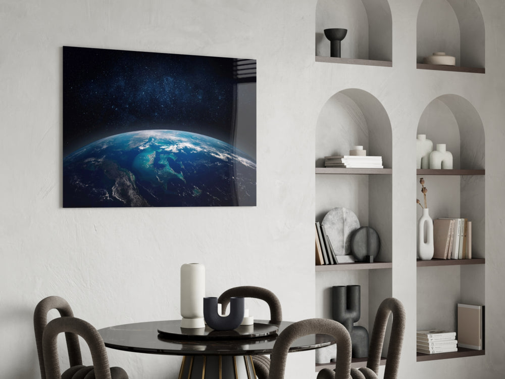 Space photography cinematic glass wall art in study-themed hallway