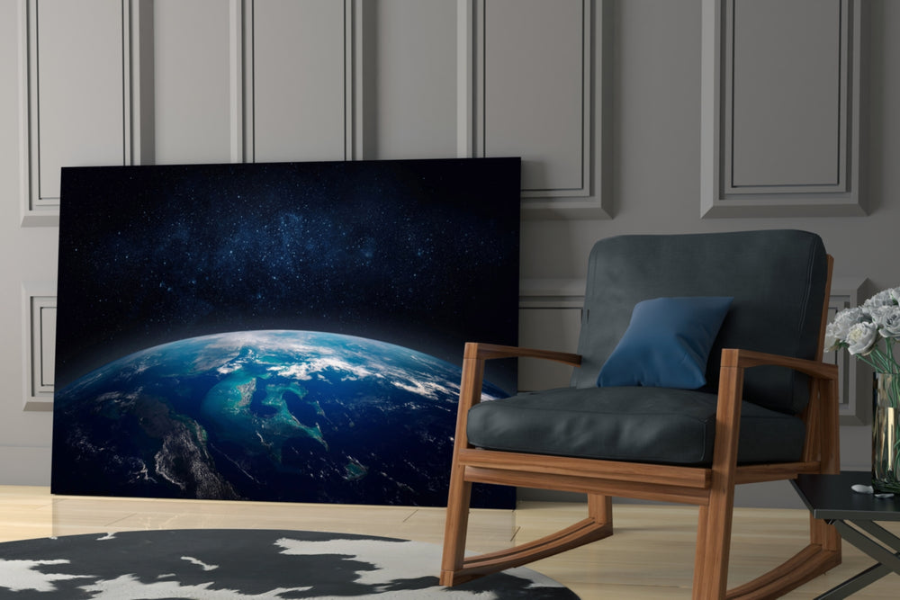 Starfield Earth horizon glass wall art in tasteful boys' bedroom