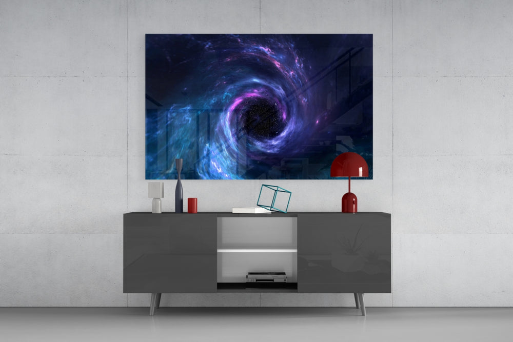 Cosmic-vortex cinematic glass wall art in modern home media room