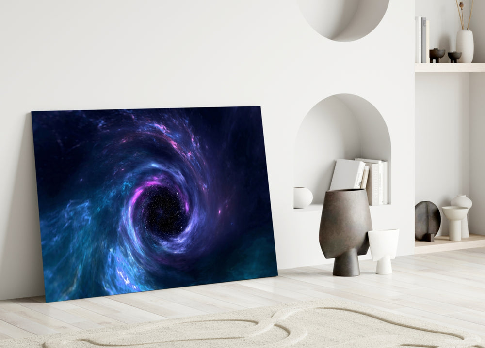 Cosmic black-hole portal cinematic glass wall art in tasteful boys' bedroom