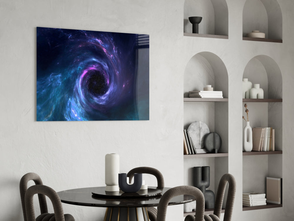 Starlit nebula vortex cinematic glass wall art in study-themed hallway