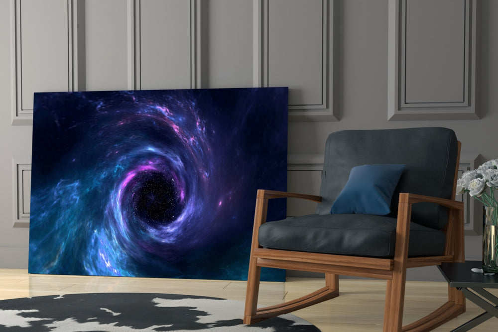 Amethyst-and-cobalt galaxy glass wall art over modern dining sideboard