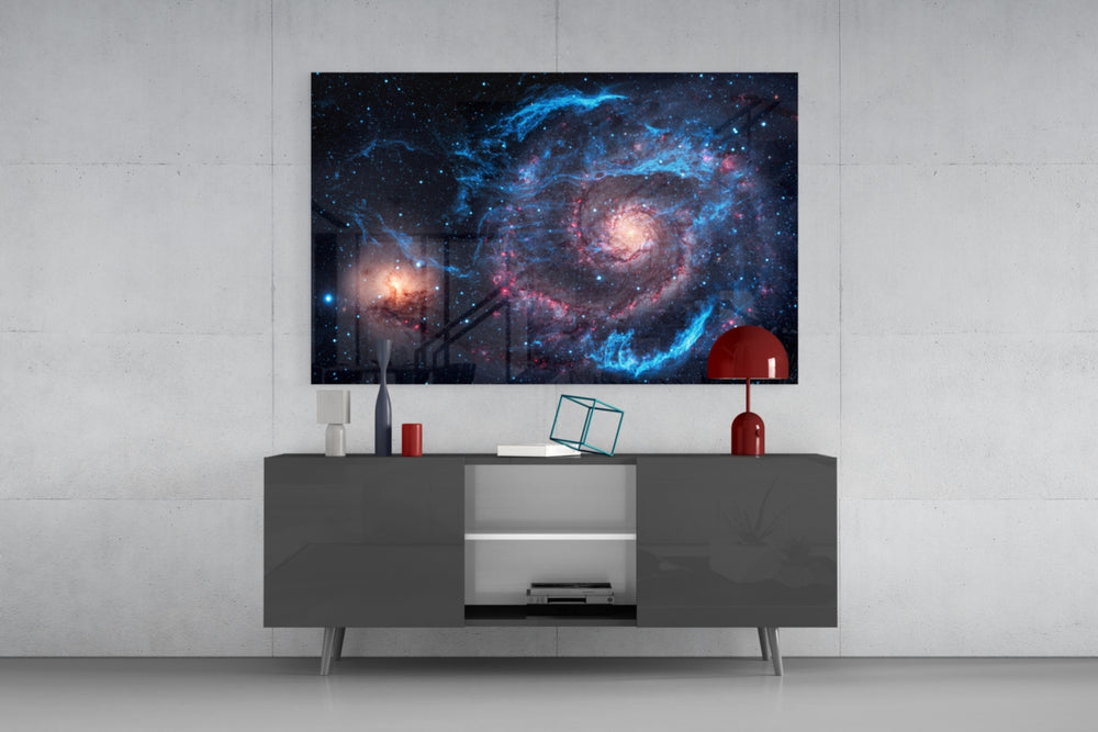 Cosmic Hubble-style cinematic glass wall art in modern home office