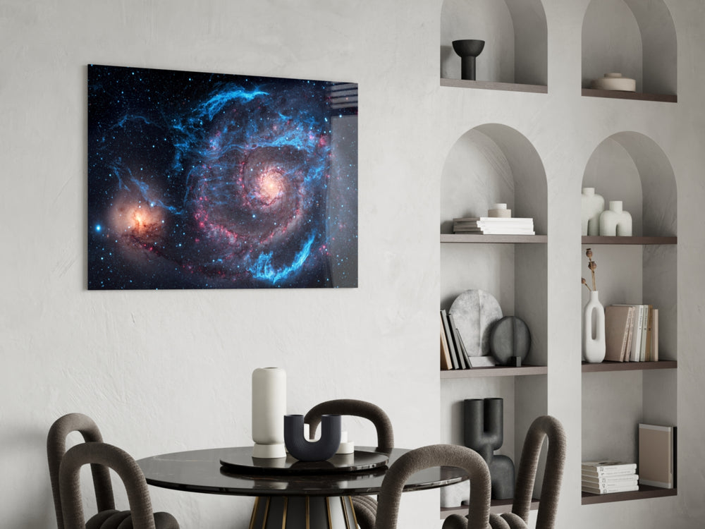 Telescope-photography cinematic glass wall art in study-themed hallway