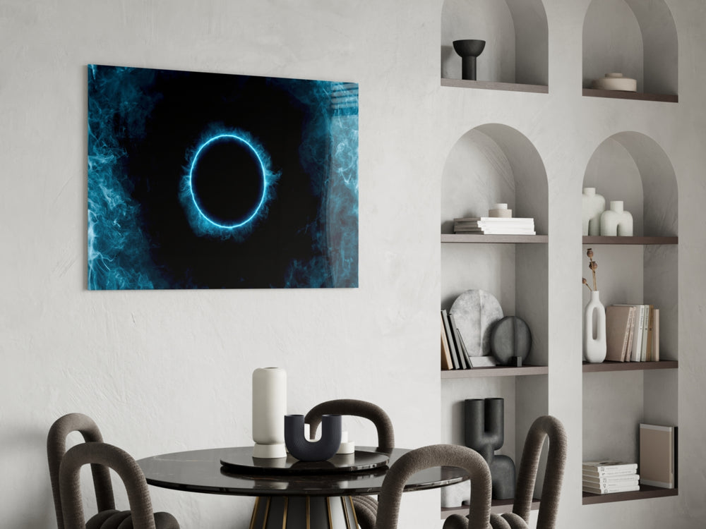 Electric-cyan portal cinematic glass wall art over master-bedroom headboard