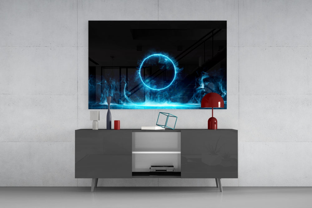 Smoke-floor portal cinematic glass wall art in modern home bar