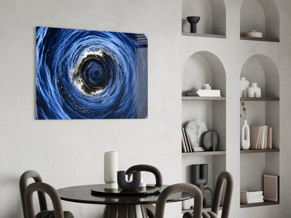 Drone marine photography cinematic glass wall art in study-themed hallway
