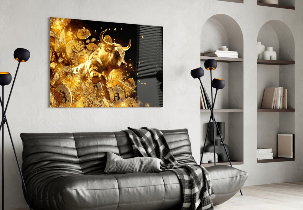 Bitcoin bull burst cinematic glass wall art in designer-luxury entryway