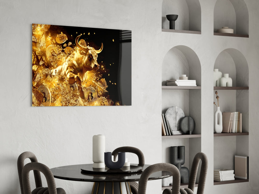 Gold-shrapnel Bitcoin glass wall art in study-themed library
