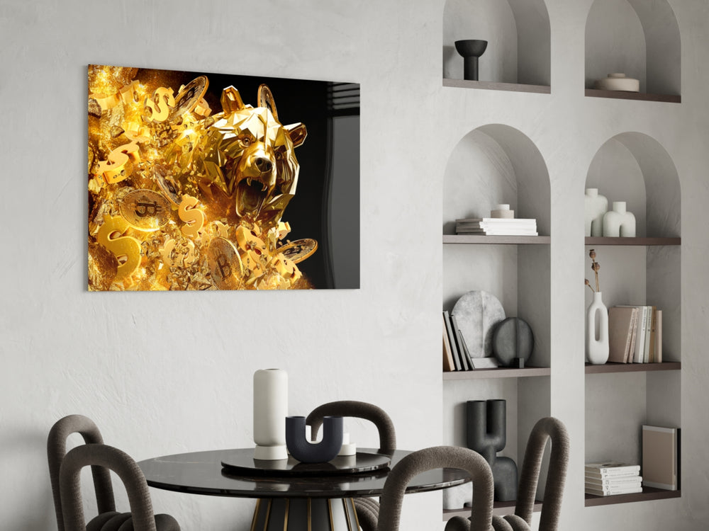 Gold-shrapnel Bitcoin glass wall art in study-themed library