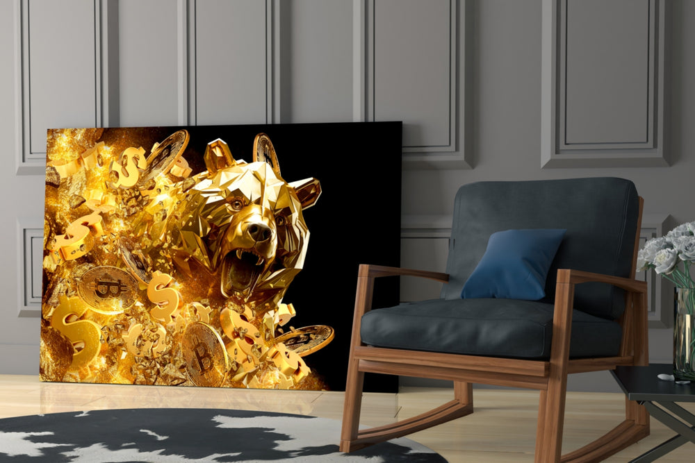 Bitcoin bear cinematic glass wall art over modern bar cabinet