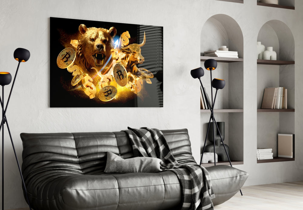 Bitcoin market-poster cinematic glass wall art in designer-luxury entryway