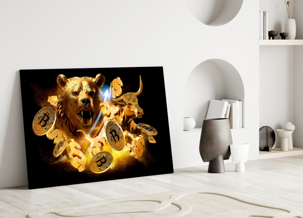 Cryptocurrency duel cinematic glass wall art over master-bedroom headboard