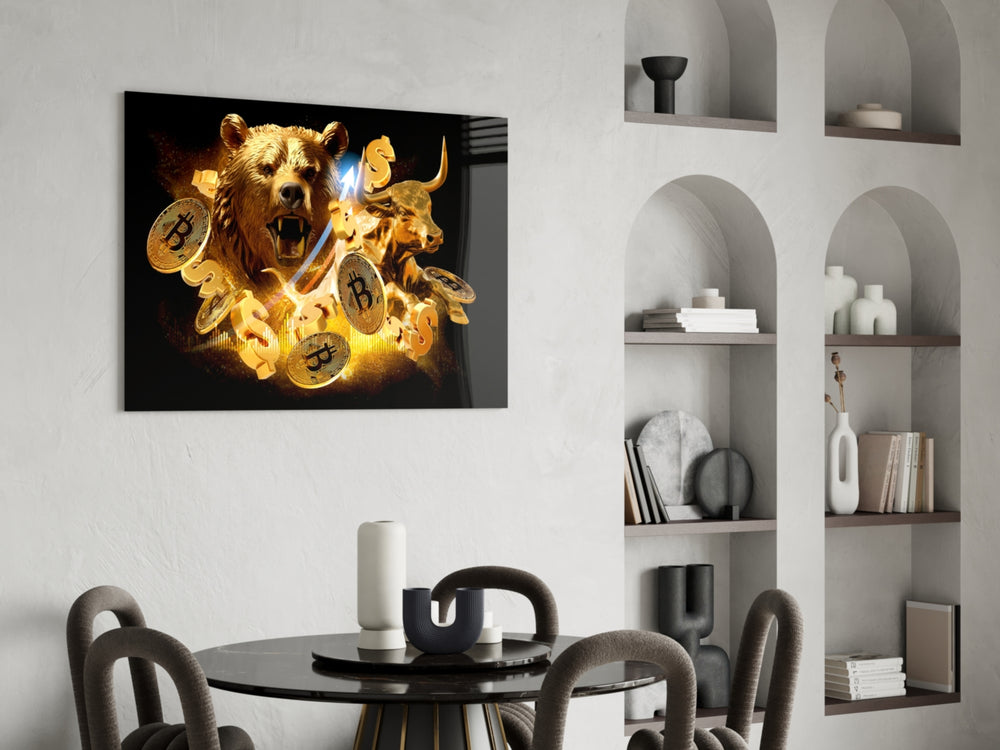 Gold-shrapnel bull-bear glass wall art in study-themed library
