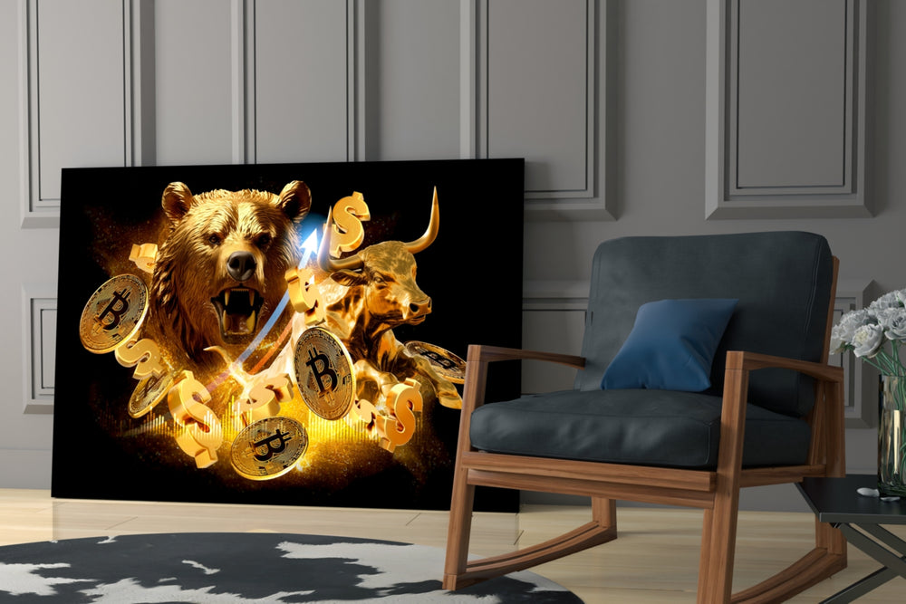 Bitcoin bull-and-bear cinematic glass wall art over modern bar cabinet