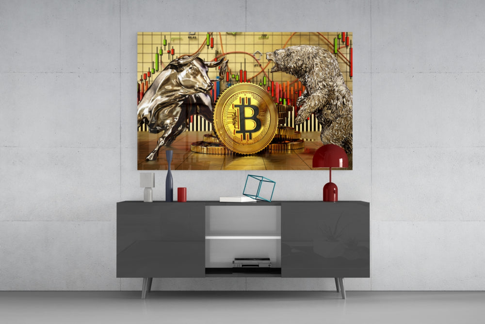 Crypto-trader silver bull-bear cinematic glass wall art in modern home office