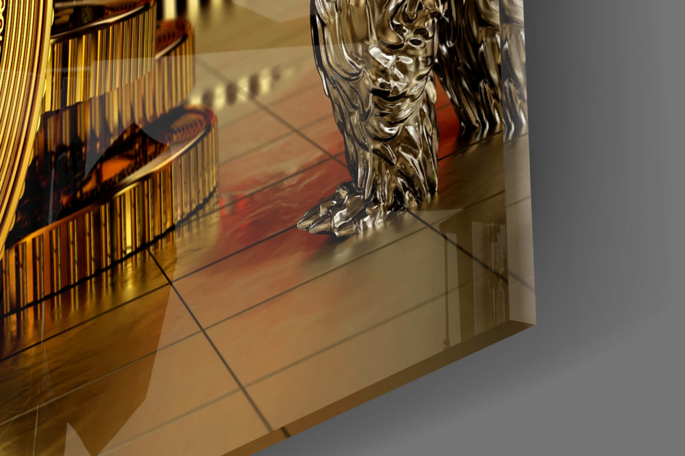 Silver-and-gold Bitcoin coin cinematic glass wall art in man-cave bar