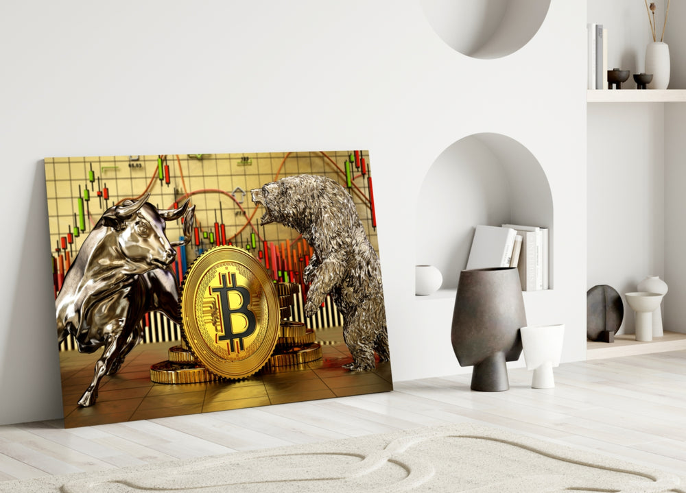 Wall-Street market poster cinematic glass wall art over master-bedroom headboard