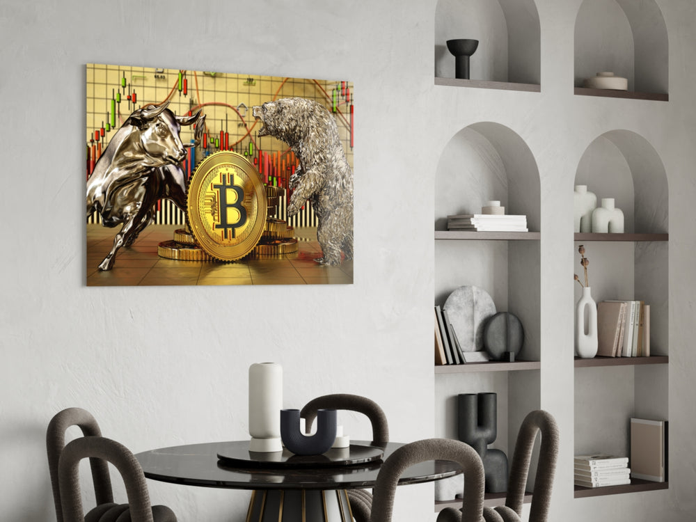 Silver bull-and-bear glass wall art in study-themed library