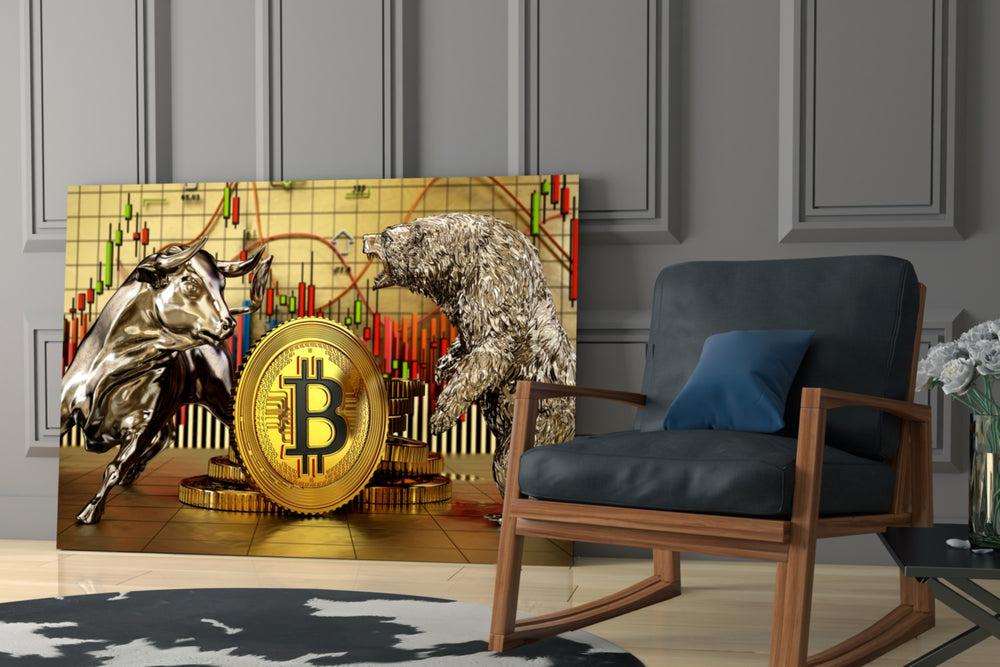 Bitcoin trading cinematic glass wall art over modern bar cabinet