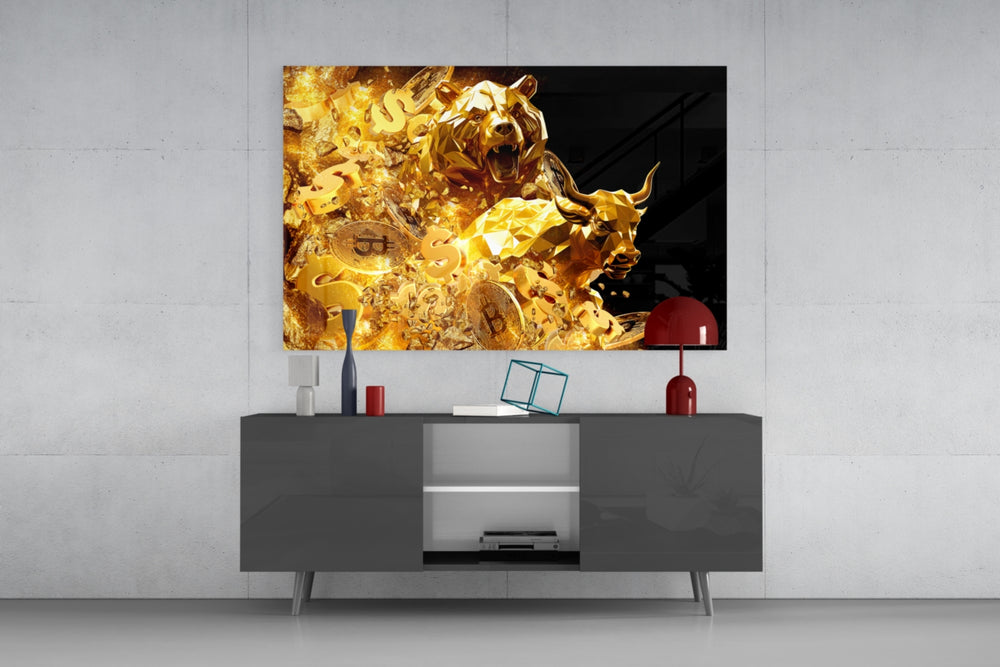 Crypto-trader bull-bear cinematic glass wall art in modern home office