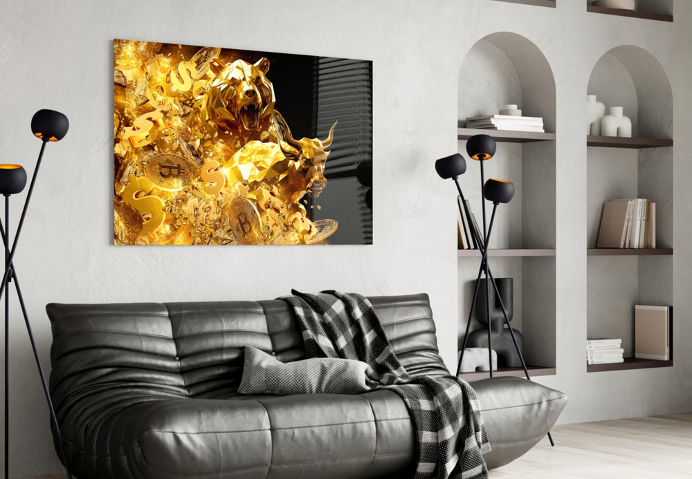 Bitcoin bull-and-bear cinematic glass wall art in designer-luxury entryway