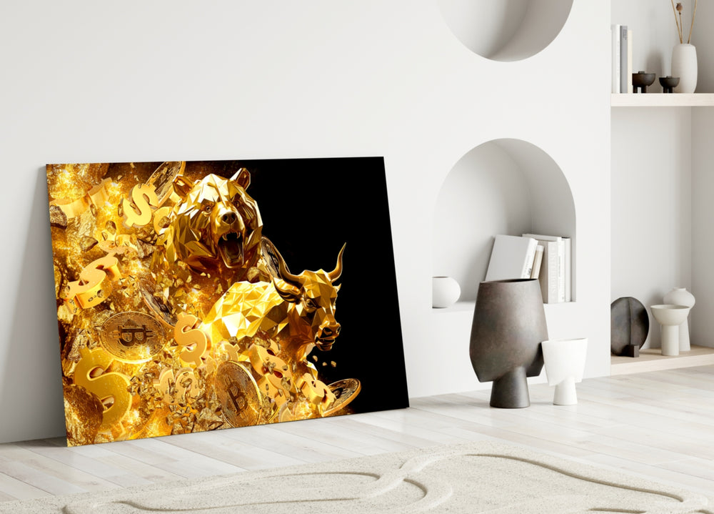 Cryptocurrency bull-bear cinematic glass wall art over master-bedroom headboard