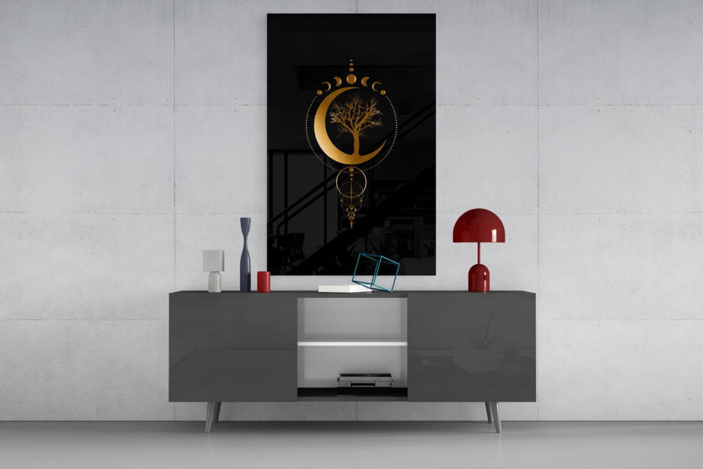 Moon-phase pendant glass wall art in glamorous powder-room