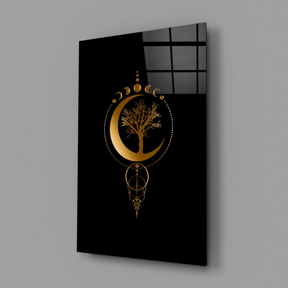 Gold moon-phase talisman cinematic glass wall art in yoga studio entry