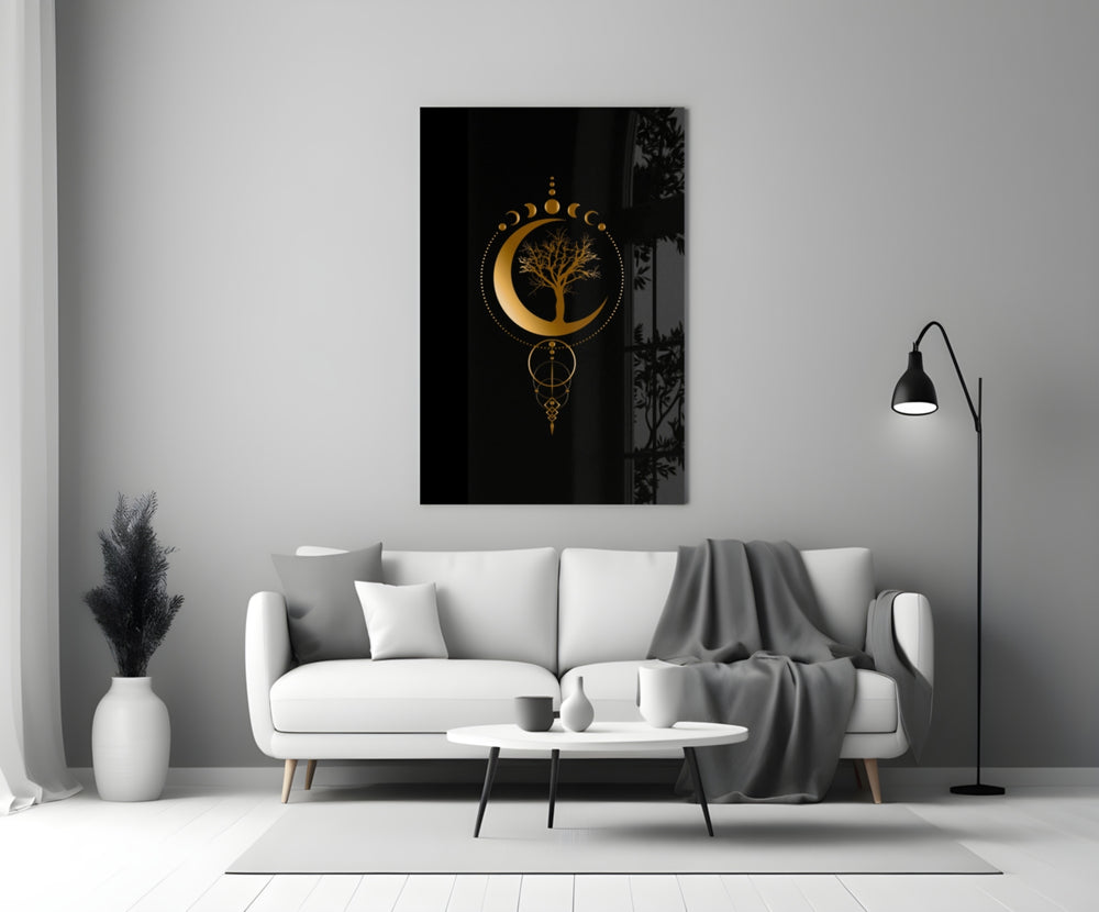 Gold-leaf crescent moon cinematic glass wall art in luxury hallway