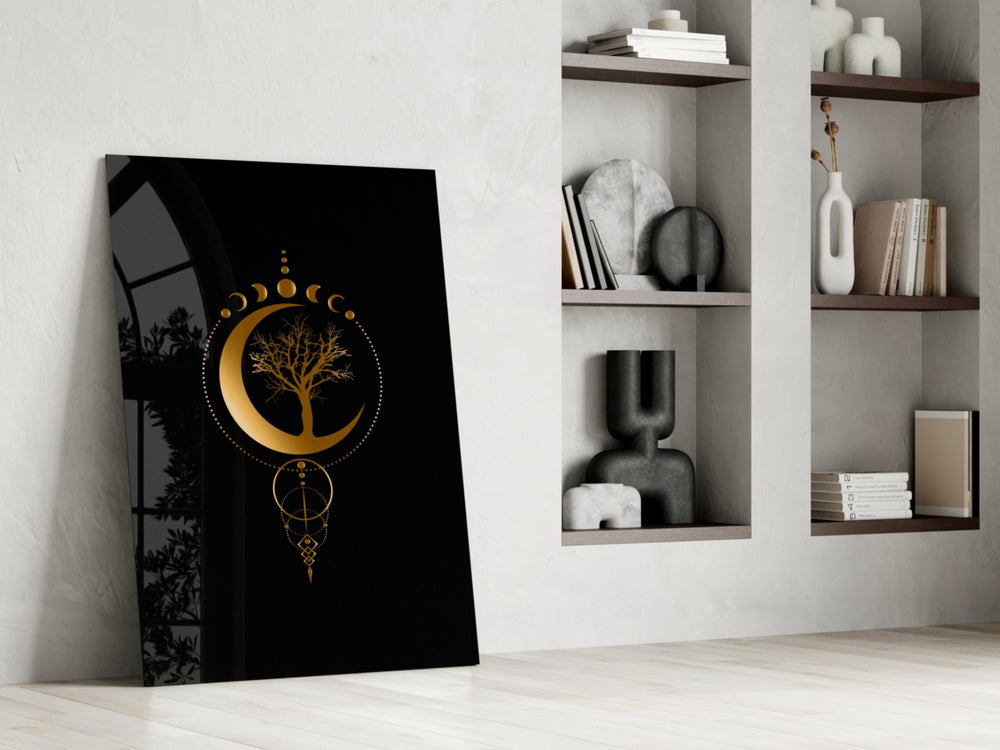 Tree-of-life vertical cinematic glass wall art over hall console