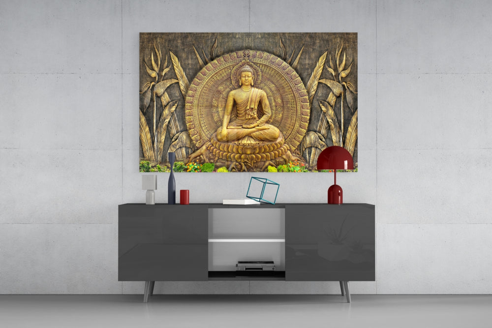 Temple-wall Buddha cinematic glass wall art in luxury wellness retreat