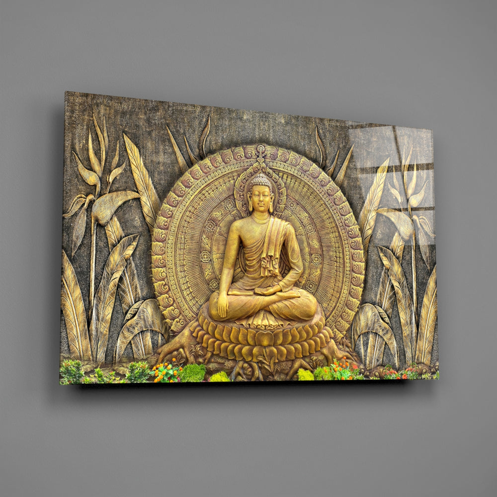 Sacred Buddha temple cinematic glass wall art in yoga studio reception