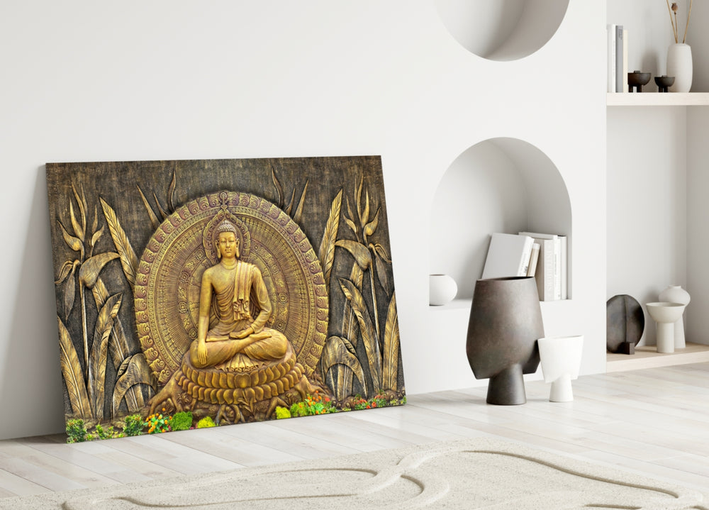 Lotus throne Buddha cinematic glass wall art over master-bedroom headboard