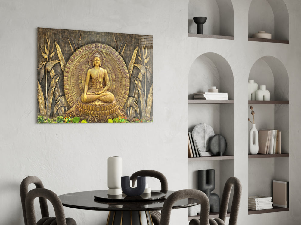 Sandstone Buddha relief glass wall art in spa relaxation room