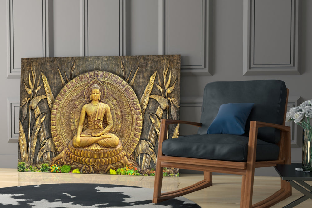 Sacred icon cinematic glass wall art over walnut console in hallway
