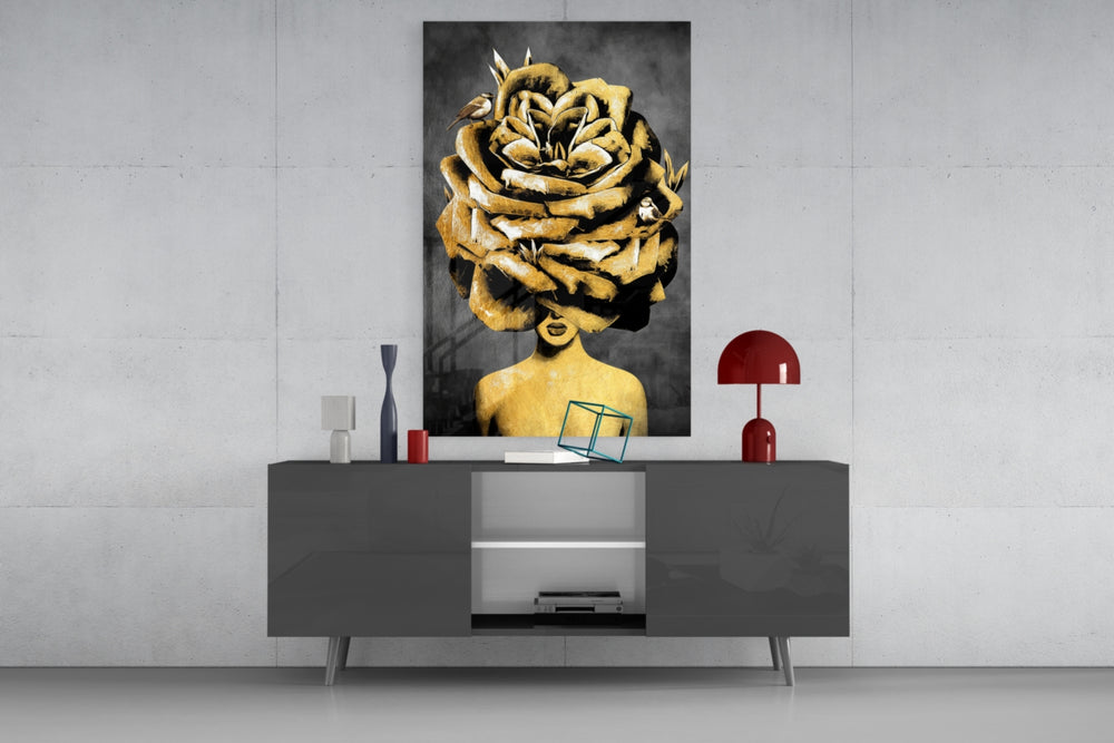 Couture muse cinematic glass wall art in fashion-house dressing room