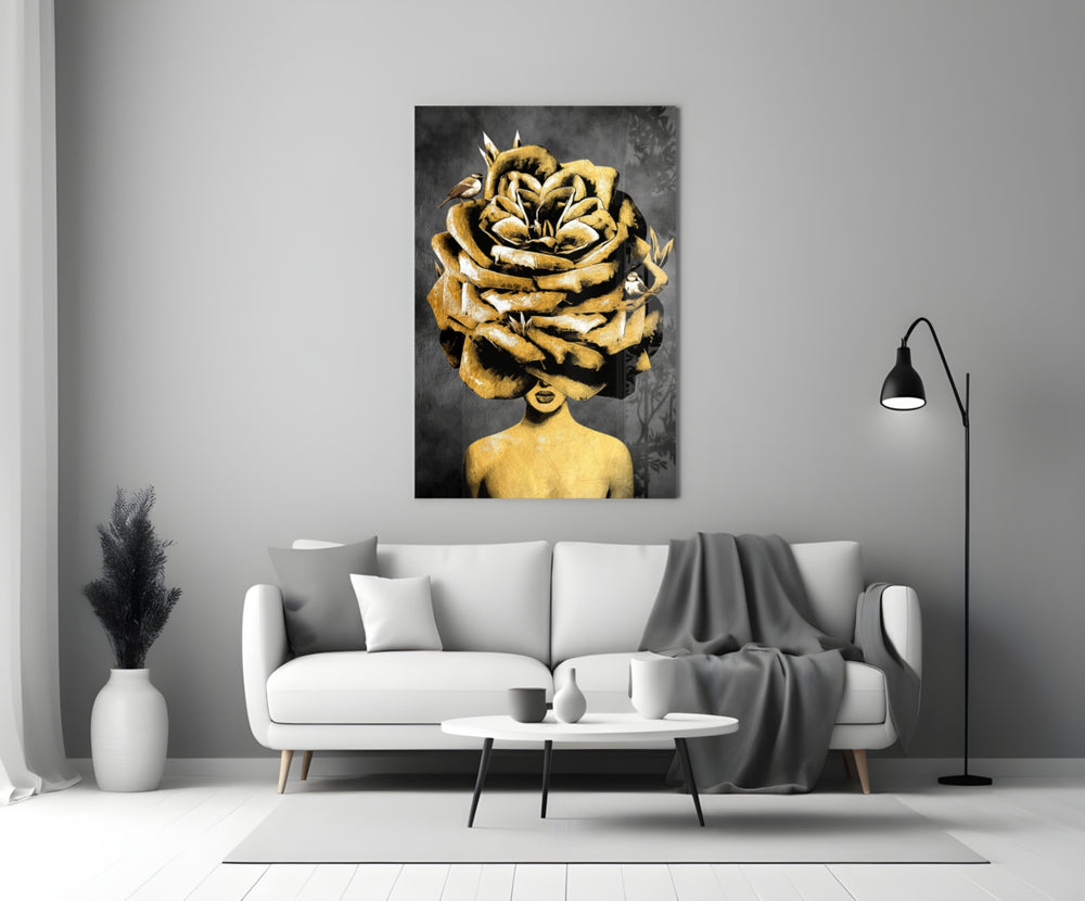 Rose-crowned woman cinematic glass wall art beside master-bedroom dressing table