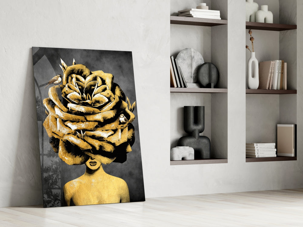 Sparrow-rose vertical cinematic glass wall art in heritage stairwell