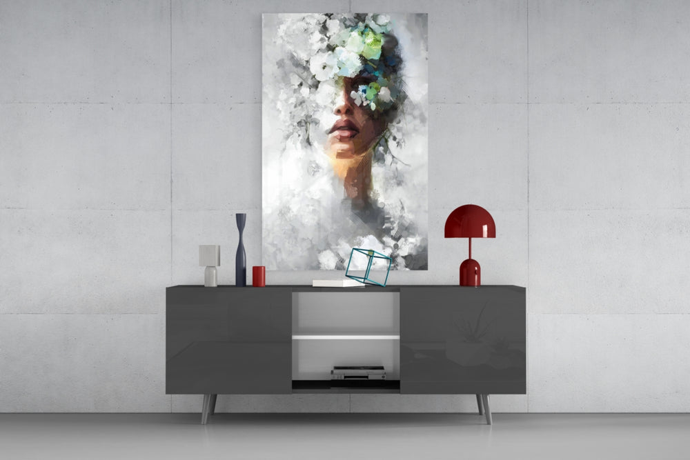 Soft-floral muse cinematic glass wall art in fashion-house dressing room
