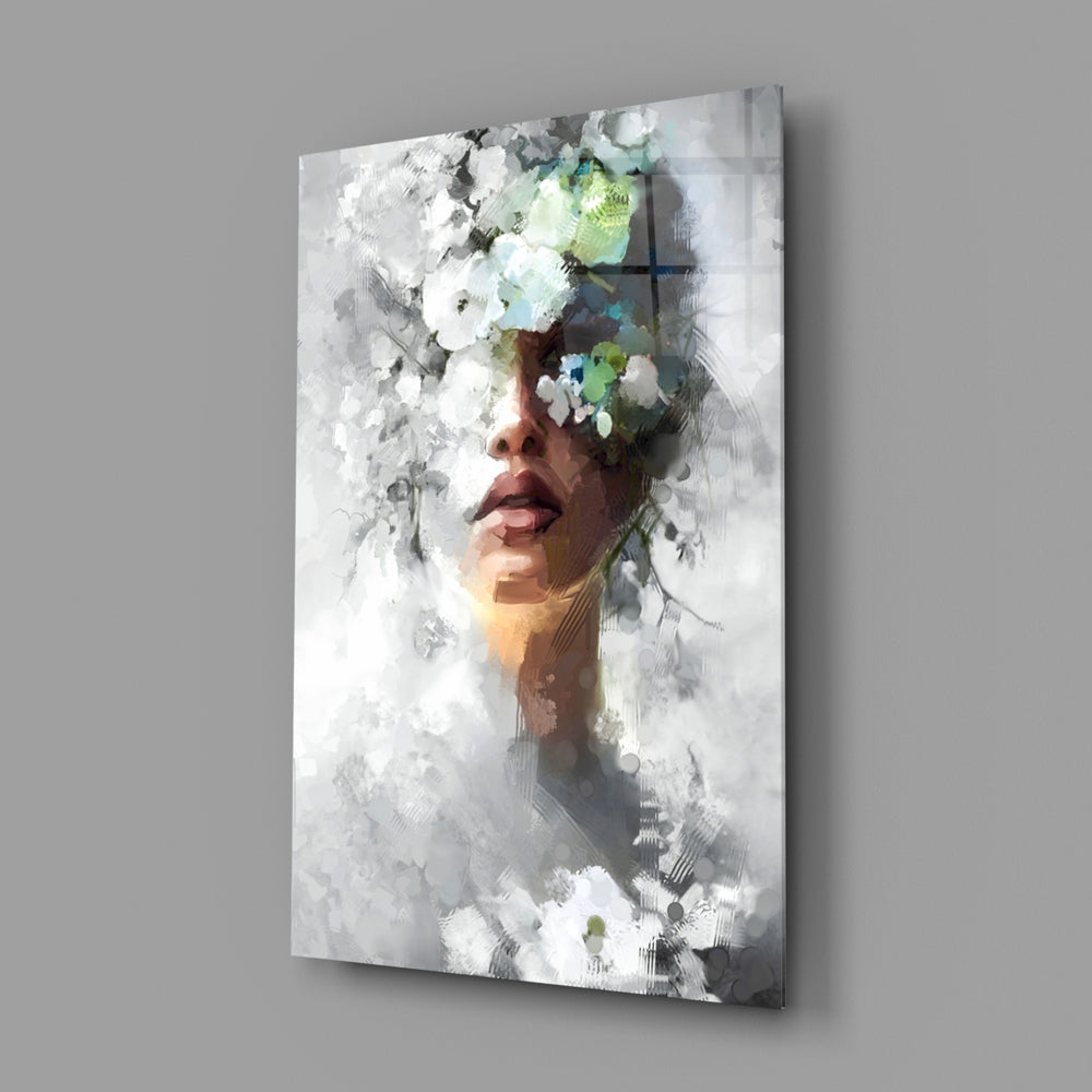 Hydrangea-veil woman glass wall art in fashion-atelier entry