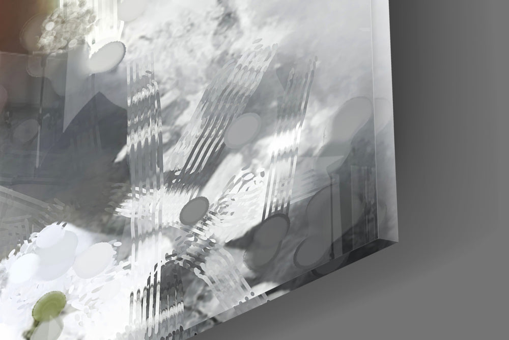Painterly couture muse cinematic glass wall art over walnut console in designer hallway