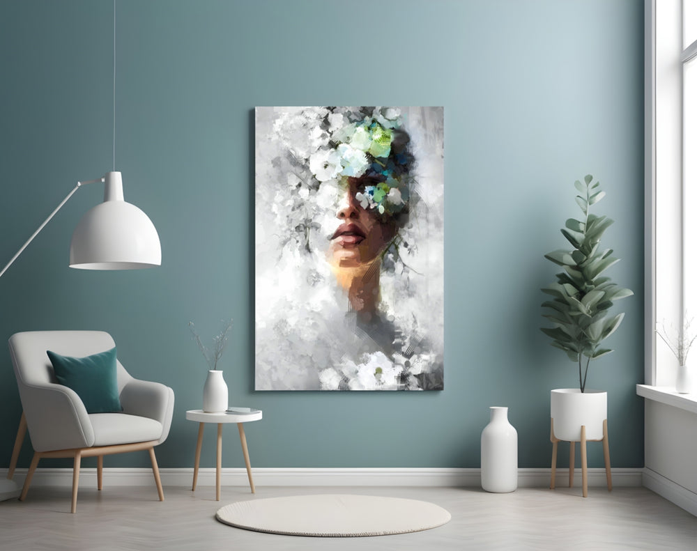 Silver-and-bloom muse cinematic glass wall art in boutique-hotel suite