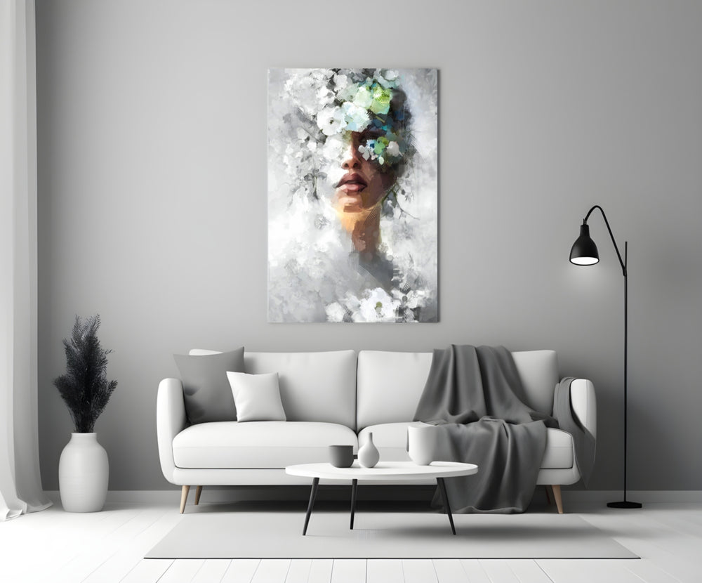 Floral-cascade portrait cinematic glass wall art beside master-bedroom dressing table