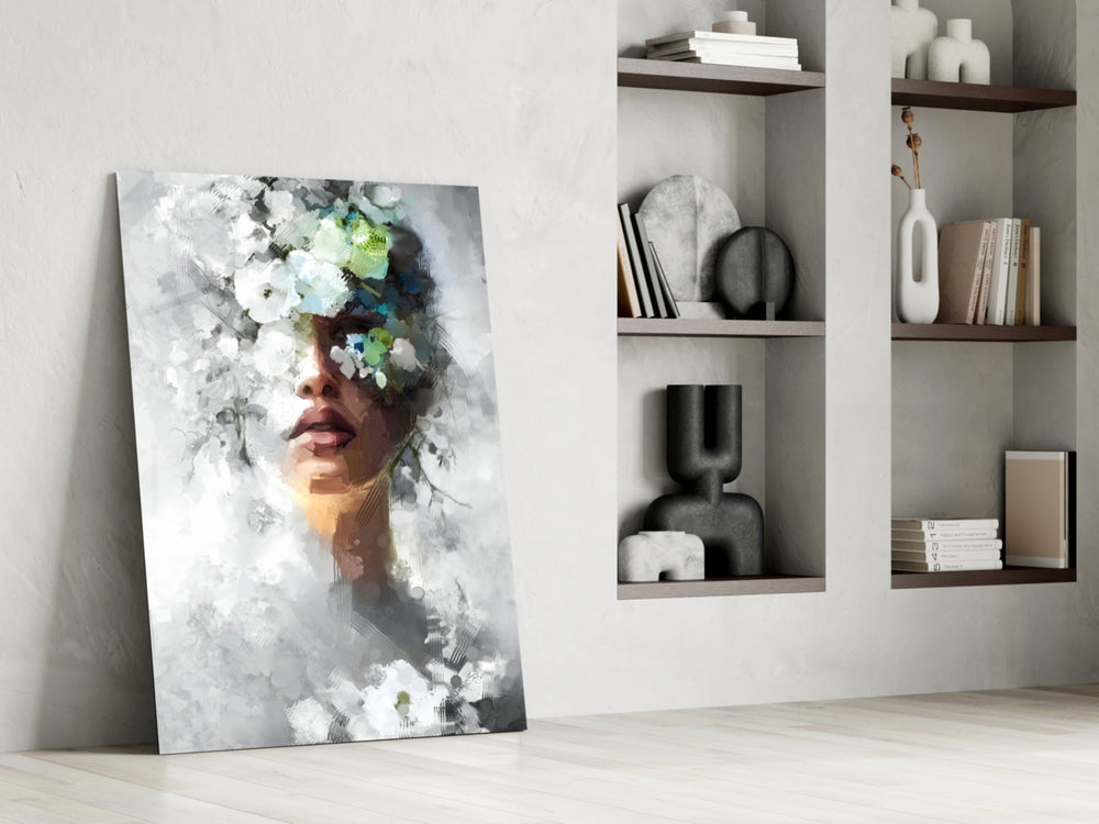 Painterly bloom-veil vertical cinematic glass wall art in heritage stairwell