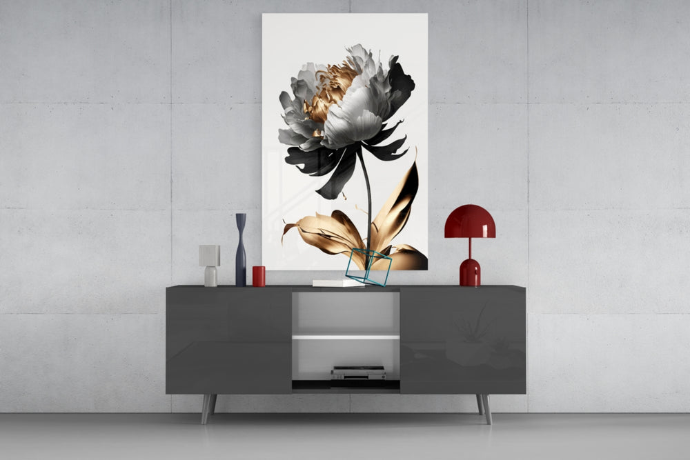 Gold-leaf botanical cinematic glass wall art in designer dining room