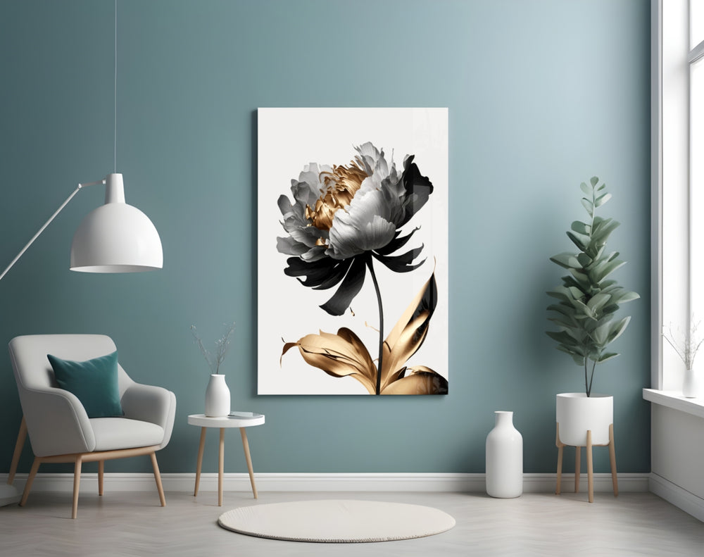 Ivory-and-gold peony cinematic glass wall art in boutique-hotel suite