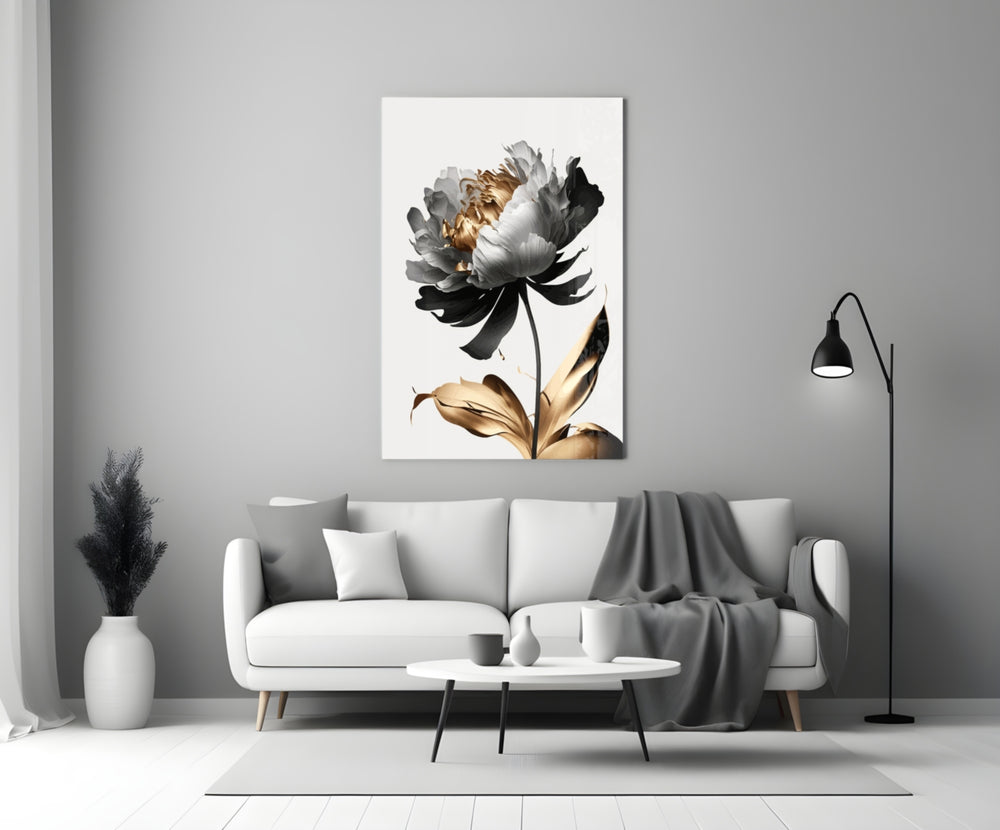 Black-petal peony cinematic glass wall art beside master-bedroom dressing table